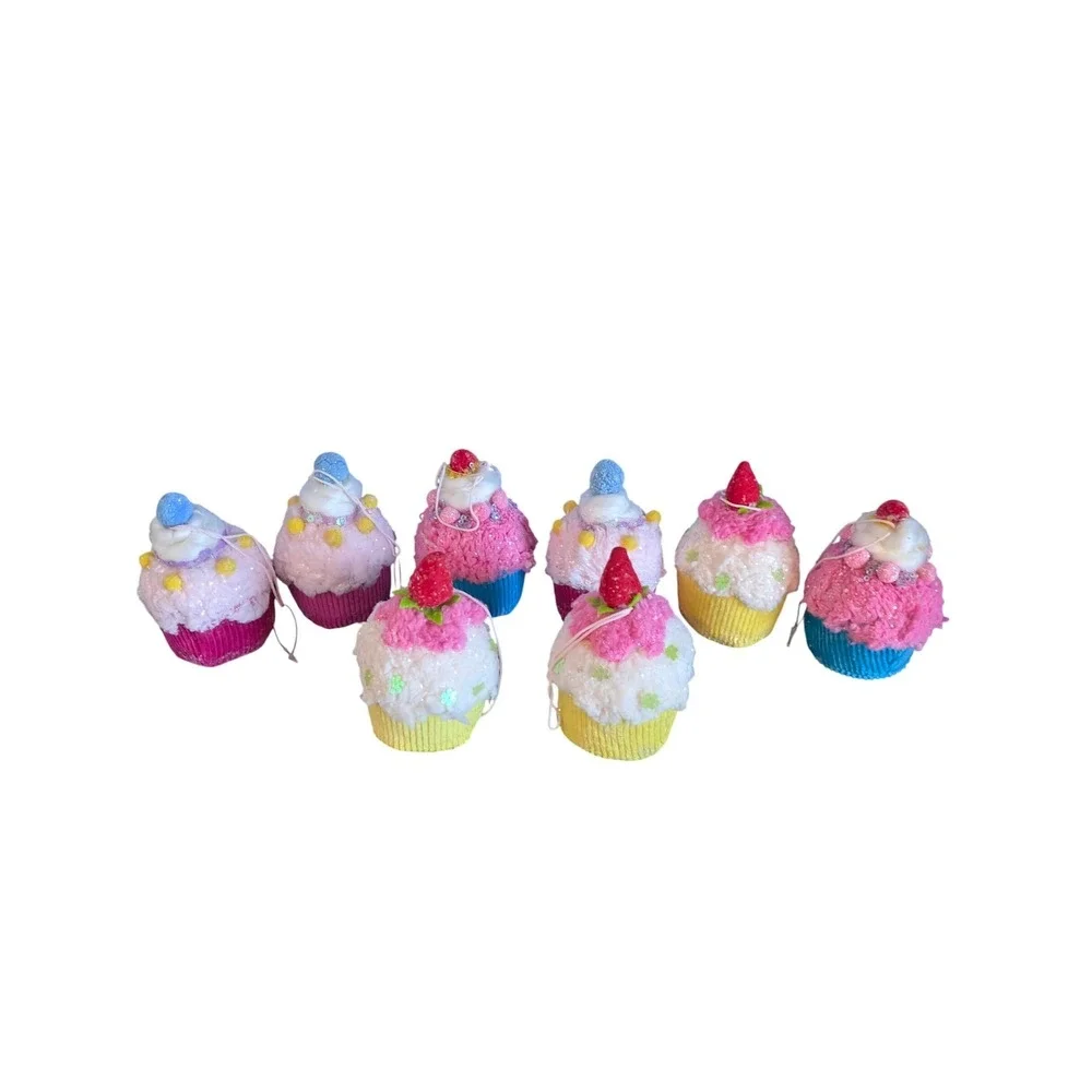 Set‎ of 8 Faux Cupcake Christmas Ornaments Pink Blue Yellow Dessert Decor